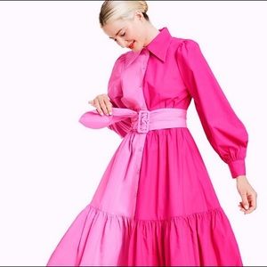 Christopher John Rogers Two-Tone Hot Pink Shirt Dress